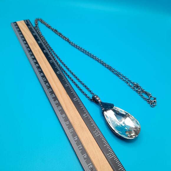 Large Crystal Teardrop Necklace, Long Gunmetal Gray Chain, 42" - Picture 7 of 9